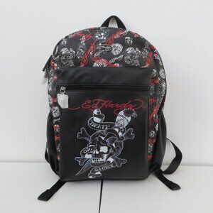 Ed Hardy Black and Red Backpack with Skull & Banner "Death Glory" Design